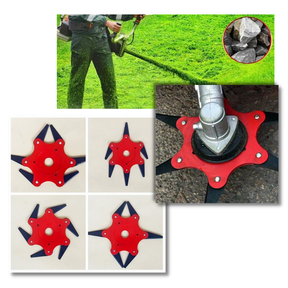 Robuuste trimmerkop met duurzame stalen messen voor zwaar tuinonderhoud; geschikt voor alle soorten gras en onkruid.