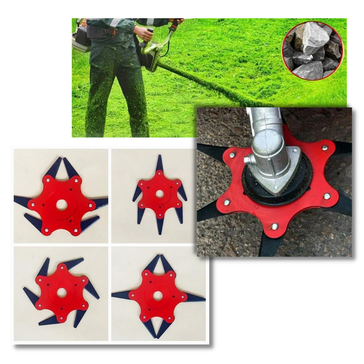 Robuuste trimmerkop met duurzame stalen messen voor zwaar tuinonderhoud; geschikt voor alle soorten gras en onkruid.