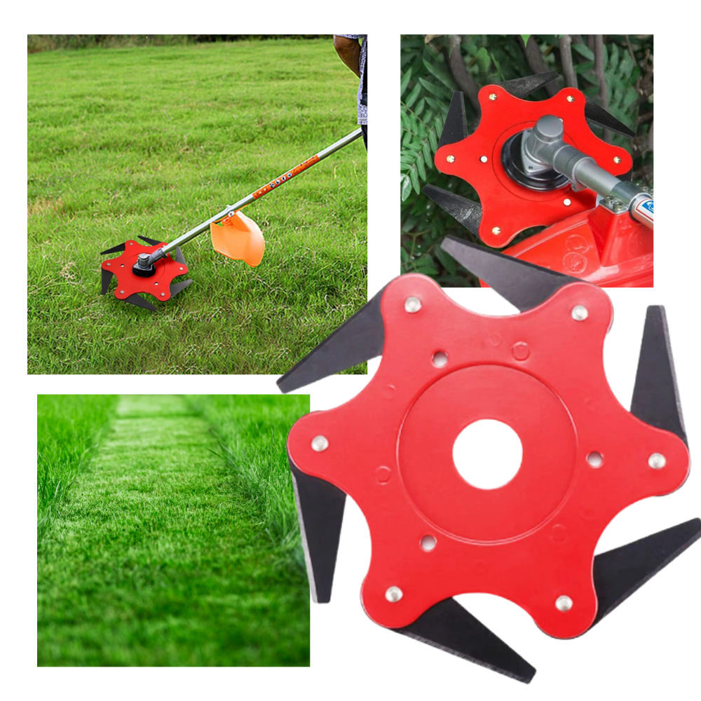 Universele trimmerkop met 6 scherpe stalen messen, ideaal voor zwaar tuinonderhoud en het maaien van struikgewas.
