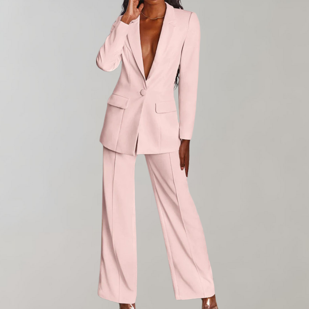 Chique dames pak set met blazer en broek. Ideaal voor lente, herfst en winter mode.