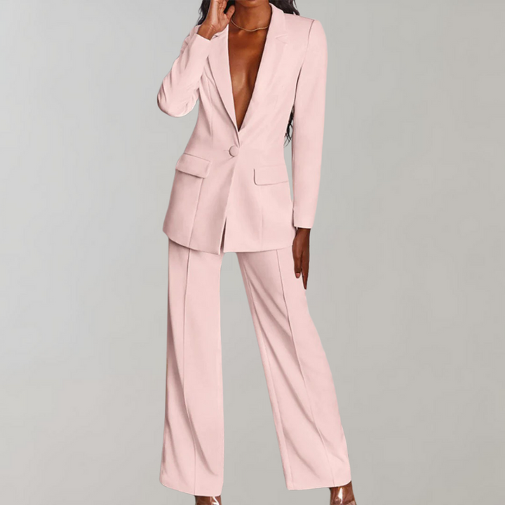 Chique dames pak set met blazer en broek. Ideaal voor lente, herfst en winter mode.