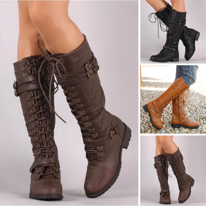 Modieuze Bella retro dames veterlaarzen met gesp. Elegante winterlaarzen voor dames, comfortabel en veelzijdig.