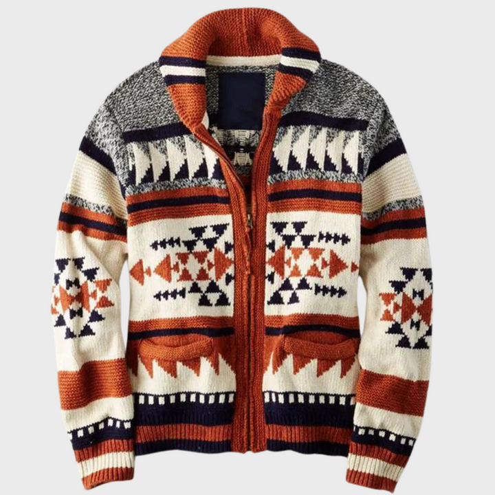 Rode heren gebreide wintertrui met unieke print, warm en comfortabel voor een casual of stijlvolle winterlook.