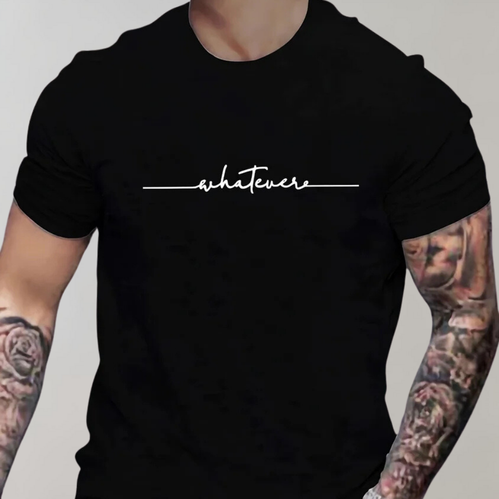Comfortabel marineblauw heren t-shirt met ronde hals en minimalistische 'Whatever' tekstprint.