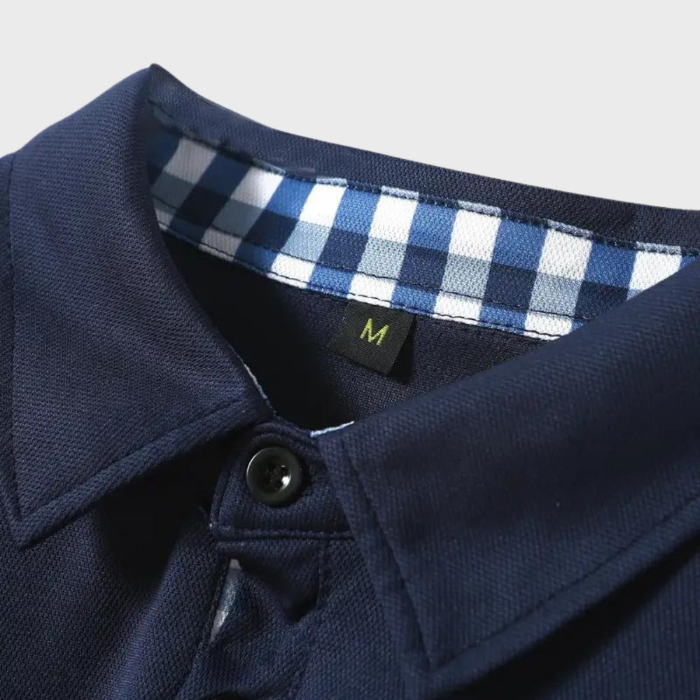 Detail van de kraag van de heren polo met lange mouwen, Oliver, hoogwaardige afwerking.