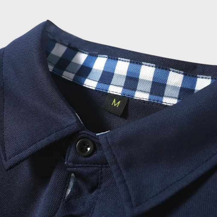 Detail van de kraag van de heren polo met lange mouwen, Oliver, hoogwaardige afwerking.