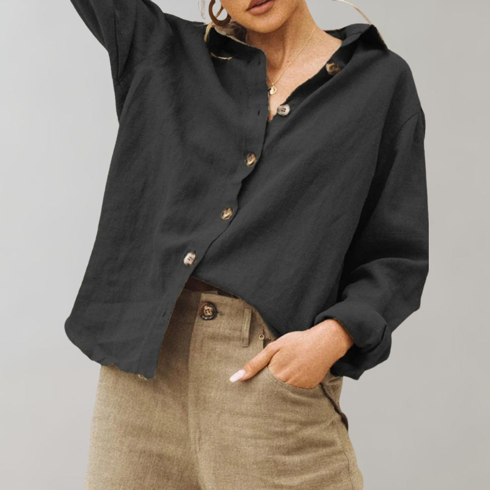 Casual Hoymans damesblouse met knoopsluiting, losvallend en comfortabel, in trendy vintagestijl.