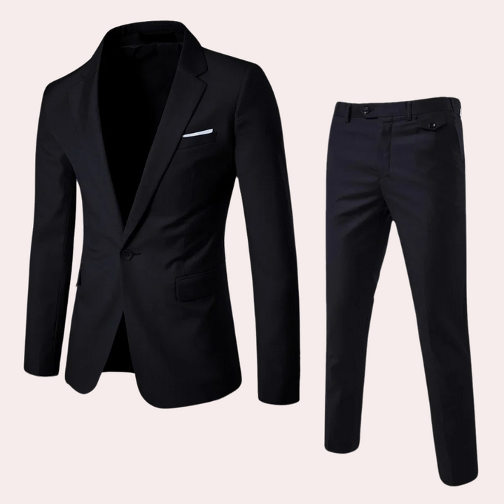 Herenmode outfit: een modern stijlvol pak met colbert en pantalon. Perfect voor een tijdloze, professionele uitstraling.