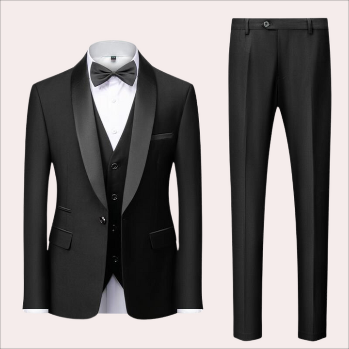 Elegant herenpak, 3-delig, met colbert, vest en broek voor zakelijke bijeenkomsten of feestelijke gelegenheden.