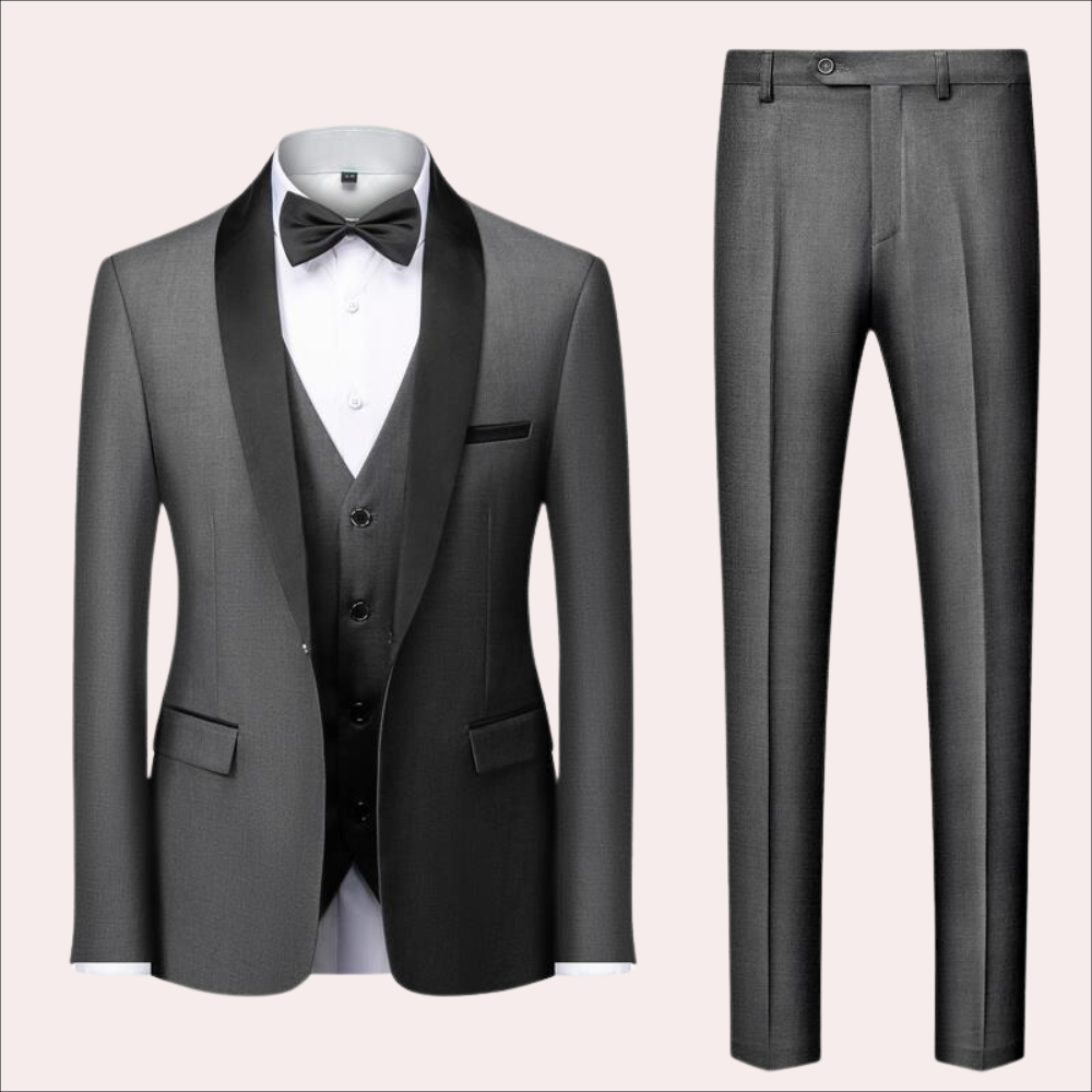 Modern slim fit herenpak; compleet 3-delig met stijlvol colbert, vest en broek voor de hedendaagse man.