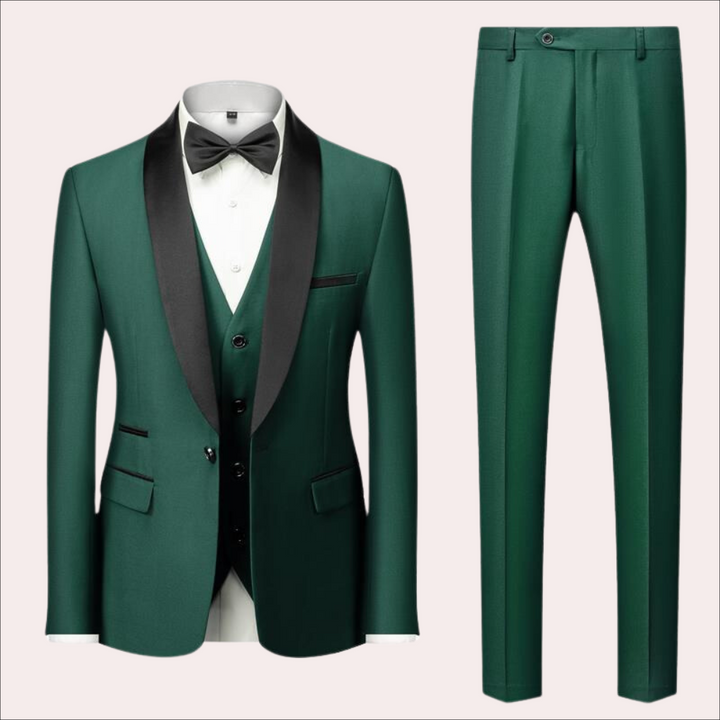 Formeel herenpak voor bruiloft of zakelijke bijeenkomst, compleet met colbert, vest en pantalon.