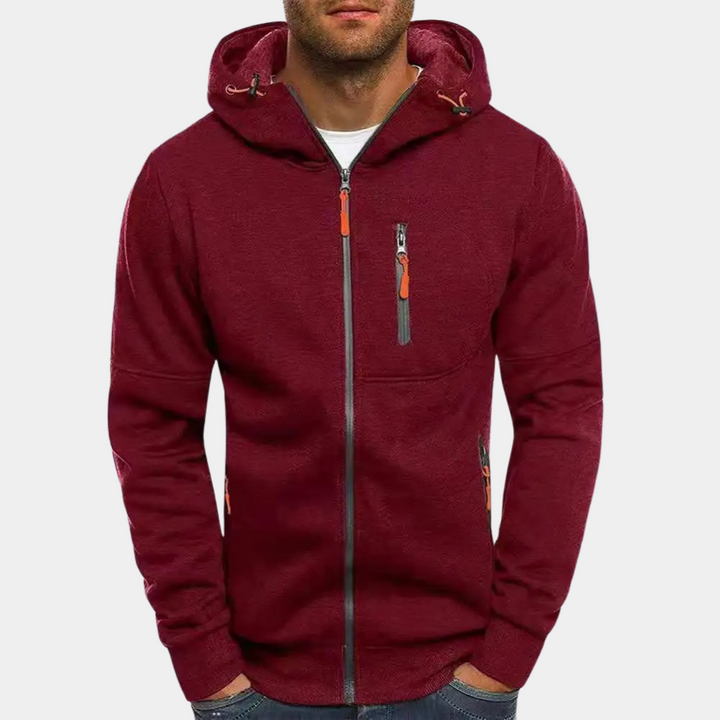 Stijlvol herenvest met capuchon van fleece, een comfortabele keuze voor herfst- en winterdagen.