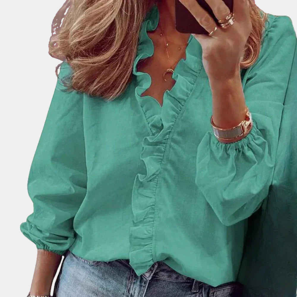 Elegante losvallende tuniek blouse met butterfly mouwen en ruches, trendy zomerkleding.