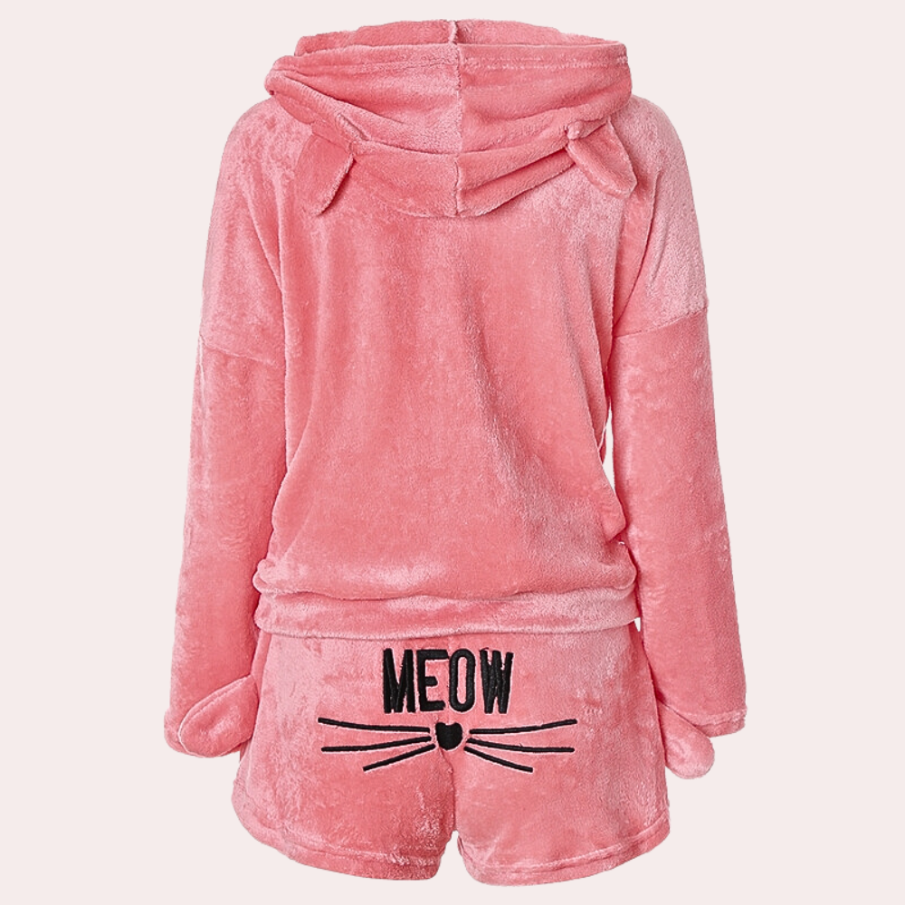 Warme dames fleece pyjama met capuchon, perfect voor koude avonden; zachte stof en comfortabel design.