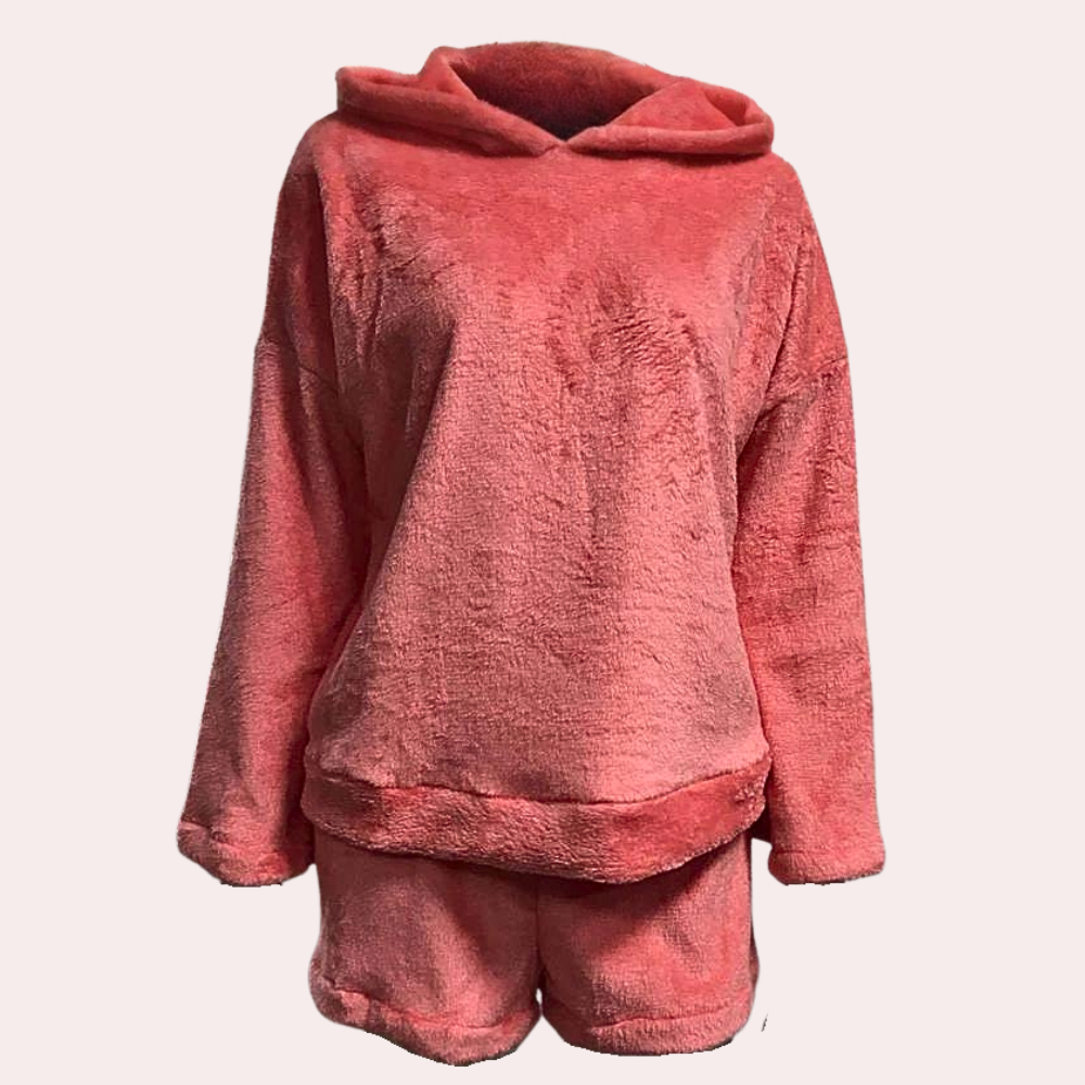 Zachte pluizige fleece pyjamaset voor dames, met warme capuchon; perfect als huispak of loungewear.