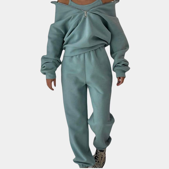 Stijlvol dames joggingpak, modieus en veelzijdig voor dagelijkse kleding of ontspanning thuis.