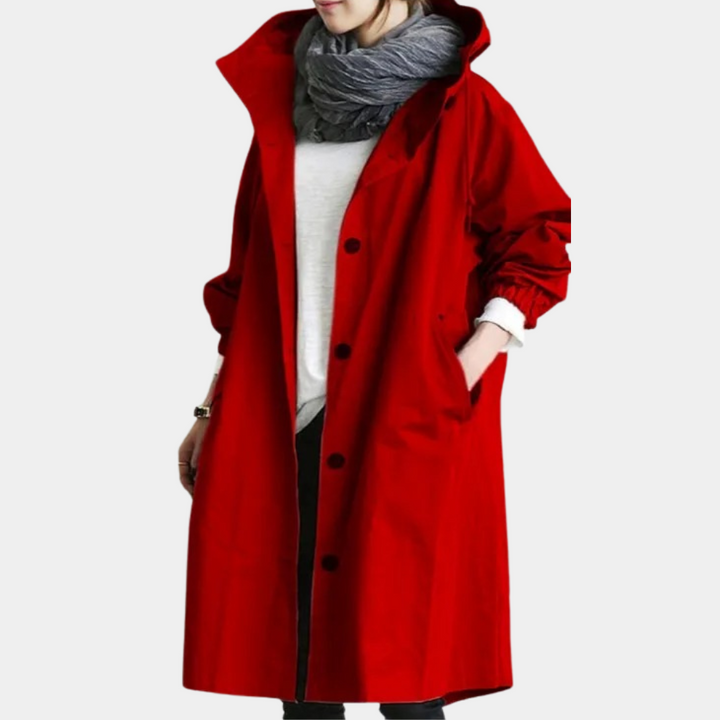 Lange damesjas Alessia, winddicht met capuchon, trendy en elegant voor dagelijks gebruik.