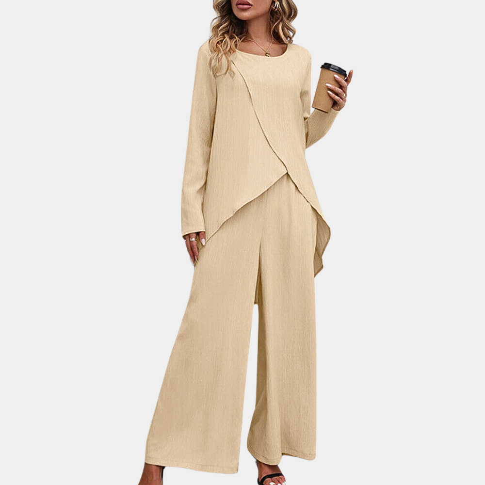 Zakelijk dames tweedelig broekpak in khaki, ademend en elegant voor elke gelegenheid.