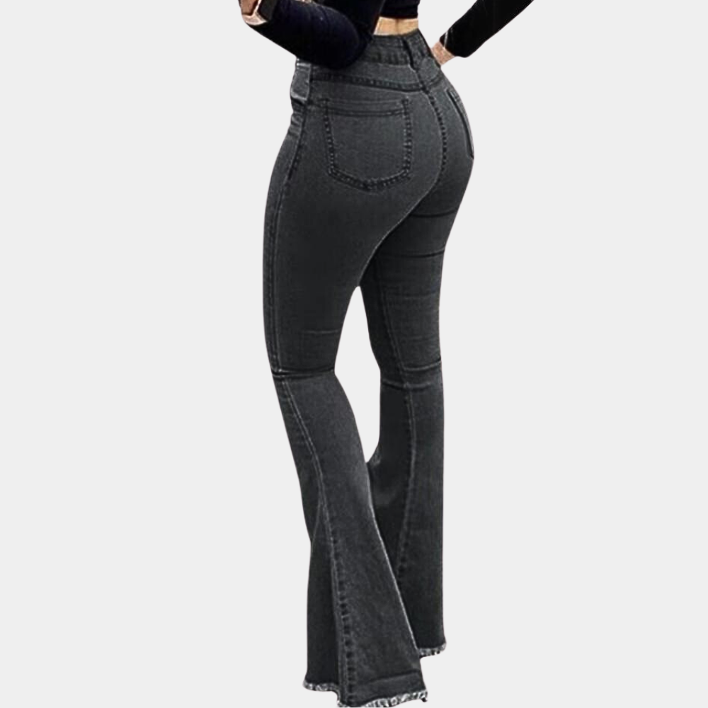 Blauwe denim dames flared jeans met subtiele wassing en zichtbare stiksels. Ideaal voor dagelijks gebruik.