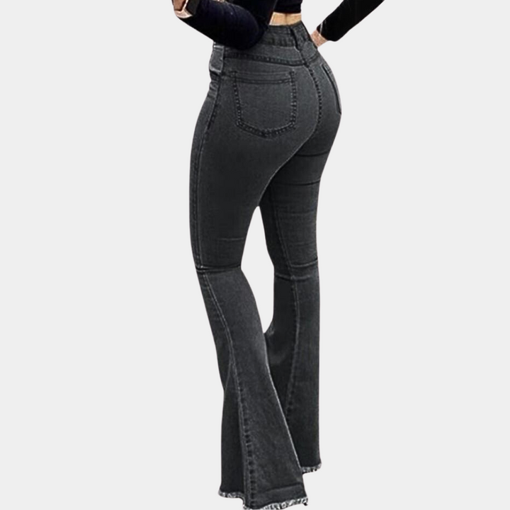 Blauwe denim dames flared jeans met subtiele wassing en zichtbare stiksels. Ideaal voor dagelijks gebruik.