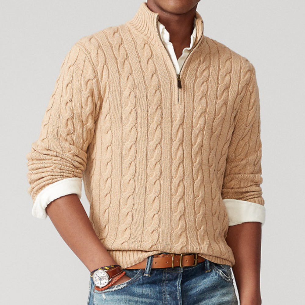 Comfortabele heren kabeltrui van kasjmier look met halve rits, ideaal voor chique of casual winterkleding.