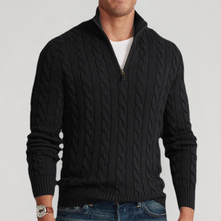 Heren kasjmier look trui met elegant kabelpatroon en halve rits. Gebreid voor comfort en stijlvolle mannenmode.