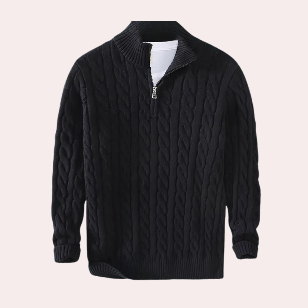 Zachte gebreide heren trui met modern kabelpatroon en halve rits. Stijlvolle kasjmier look pullover.