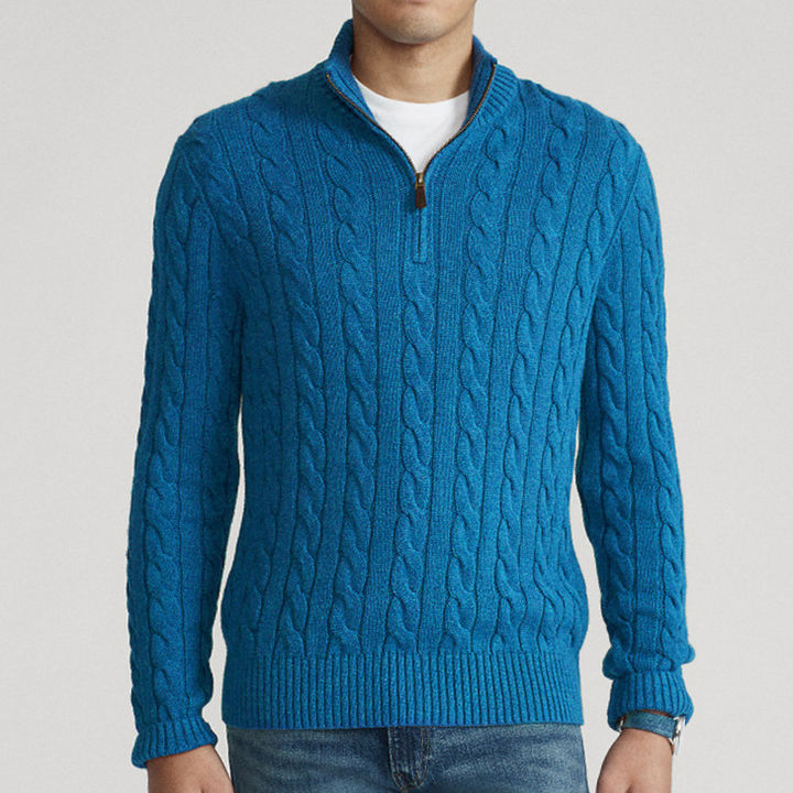 Stijlvolle heren pullover met verfijnd gebreid kabelpatroon en praktische halve rits. Trendy kasjmier look.