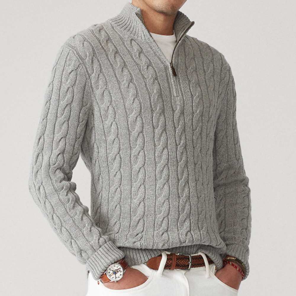 Veelzijdige heren trui: kasjmier look kabeltrui met halve rits. Comfortabele en chique winterkleding voor mannen.