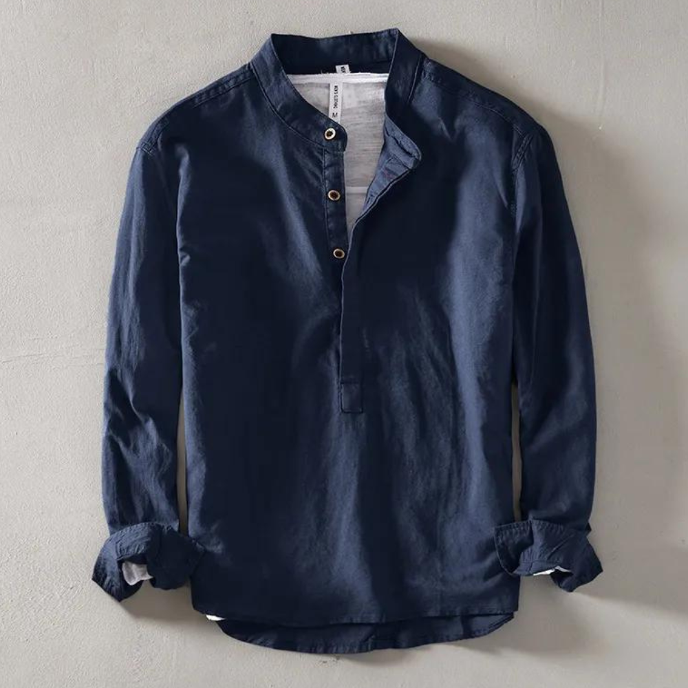 Comfortabel losvallend herenoverhemd met mandarin kraag, luchtig en perfect voor warme zomerdagen.
