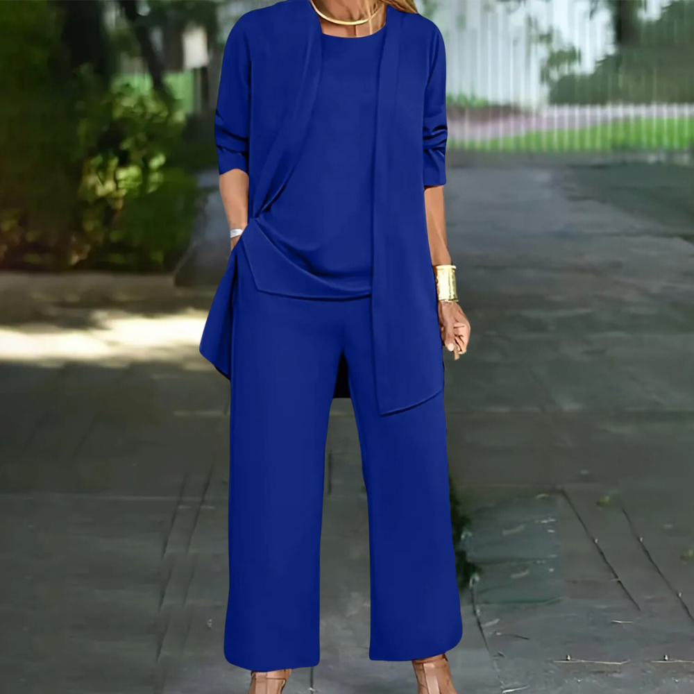 Stijlvol dames driedelig broekpak, perfecte modekleding met wijde pijpen voor een moderne en comfortabele outfit.