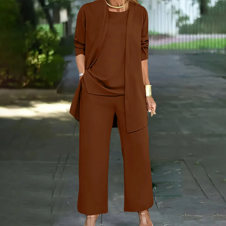 Veelzijdig dames broekpak met lange mouwen en wijde pijpen, een complete set voor zowel casual als chique gelegenheden.