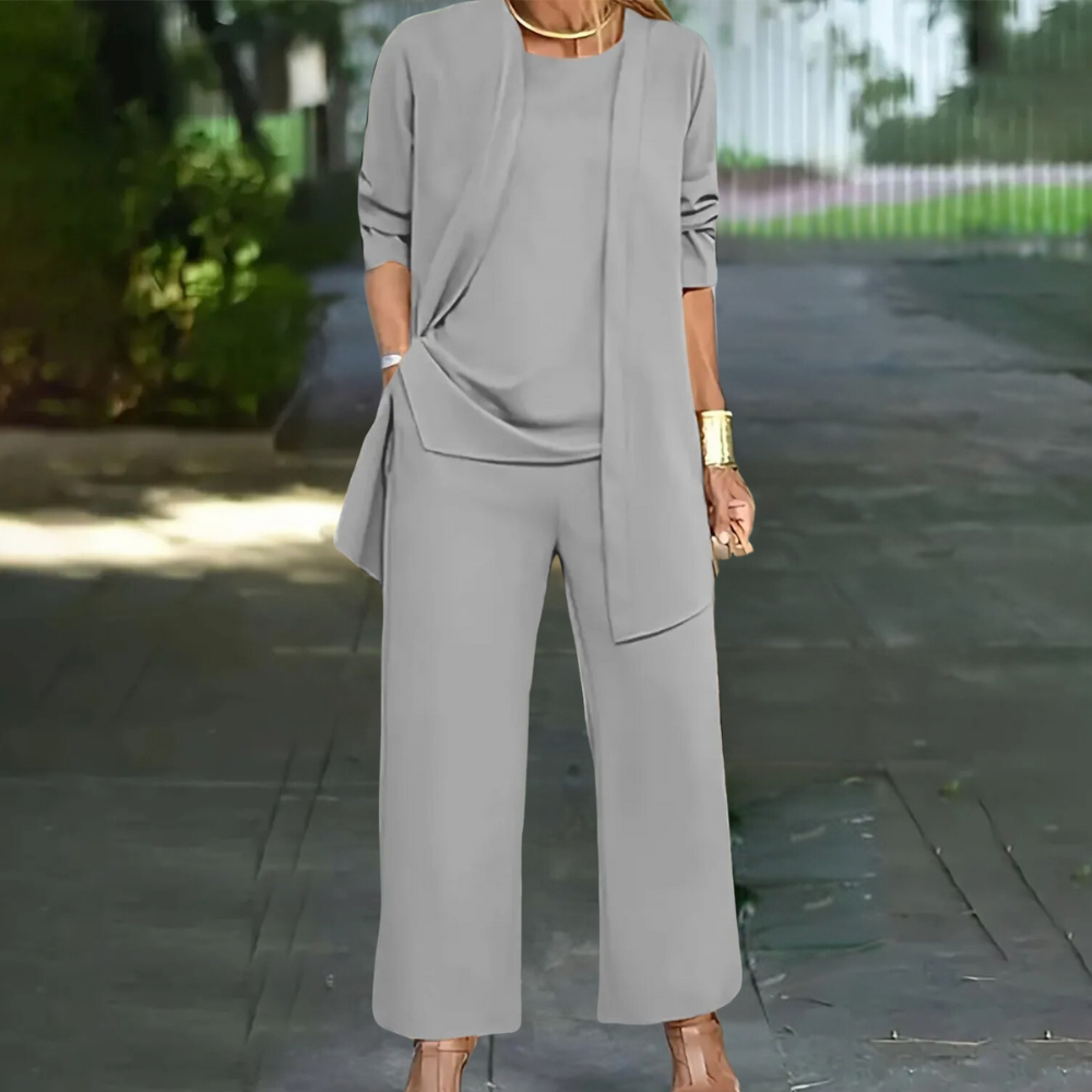 Comfortabel casual-chic dames broekpak set; een veelzijdige outfit met wijde pijpen en elegante uitstraling.