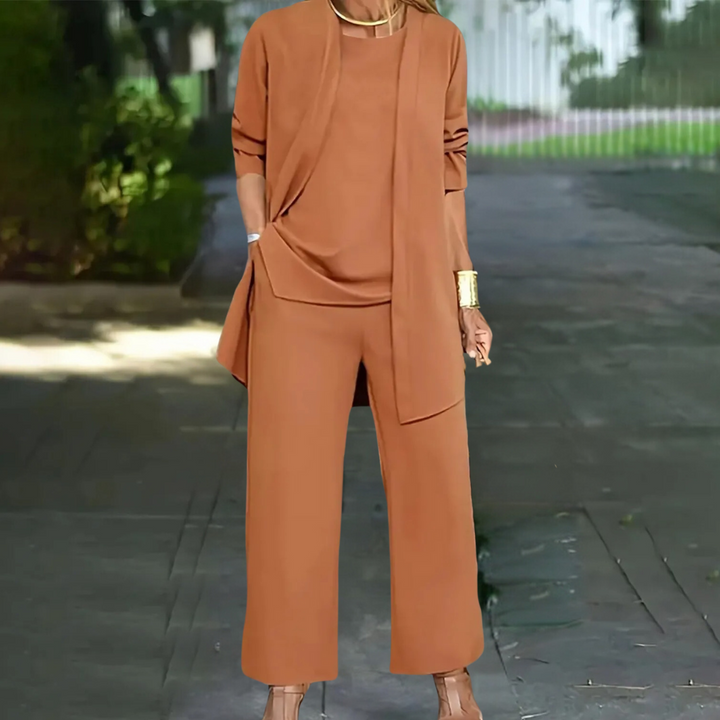 Elegant dames driedelig broekpak set met lange mouwen en wijde pijpen, perfect voor een chique look.