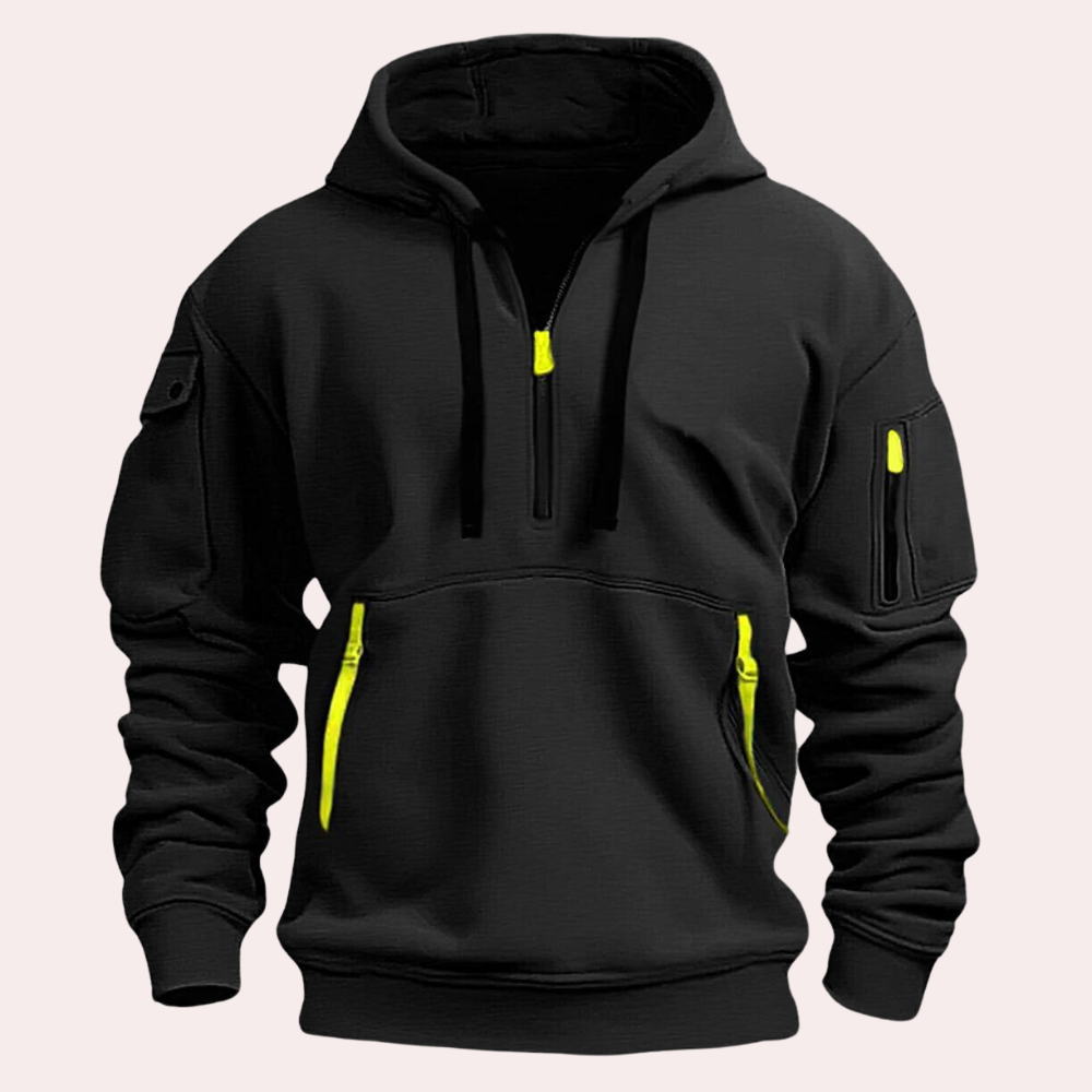 Moderne heren hoodie met halve rits, capuchon en sportieve uitstraling. Perfect voor dagelijkse mode en nieuwe collectie.