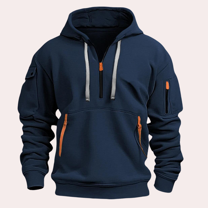 Nieuwe collectie heren hoodie met halve rits en capuchon, een veelzijdig en stijlvol sweatshirt voor moderne heren.