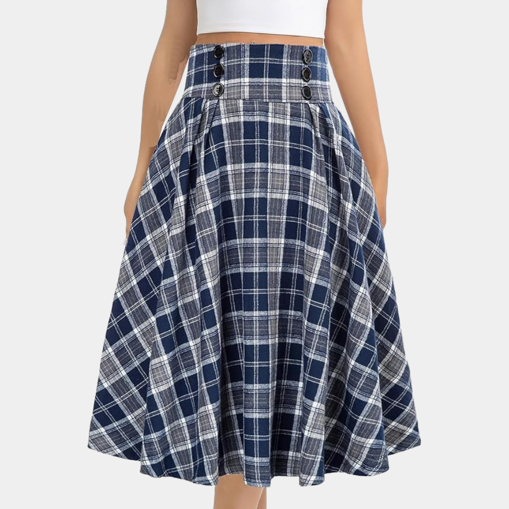 Stijlvolle Maëlle high-waist A-lijn midi damesrok met tijdloos ruitpatroon voor een elegante herfstlook.