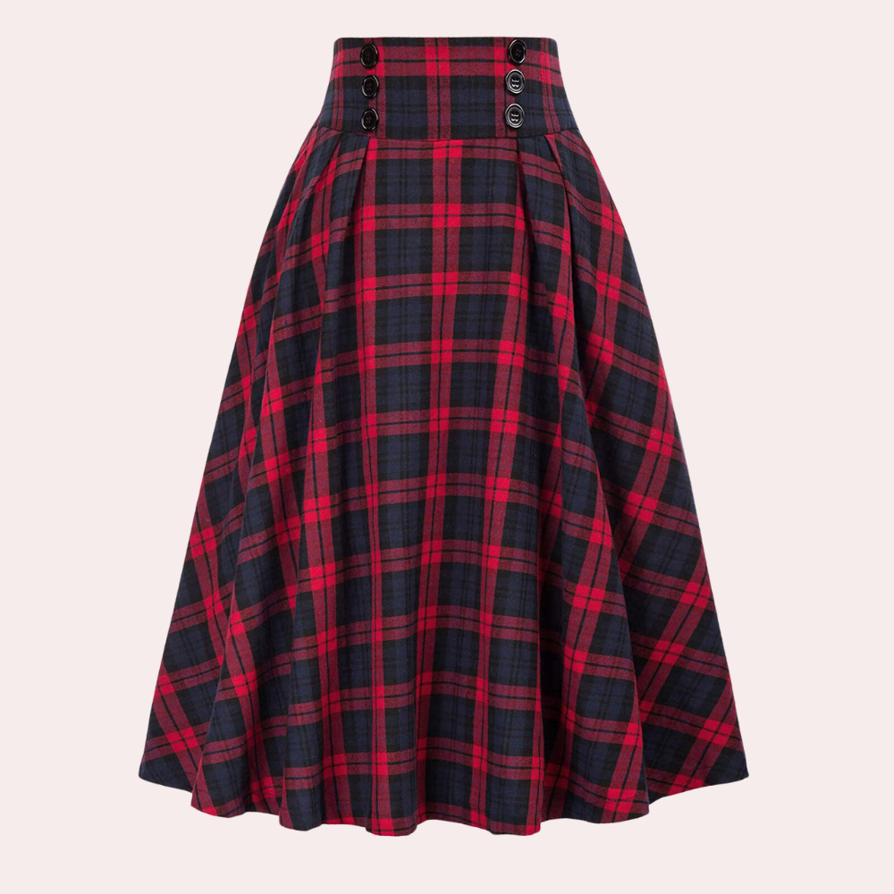 Maëlle dames A-lijn rok met tartan ruitpatroon en hoge taille; een stijlvolle polyester midi rok.