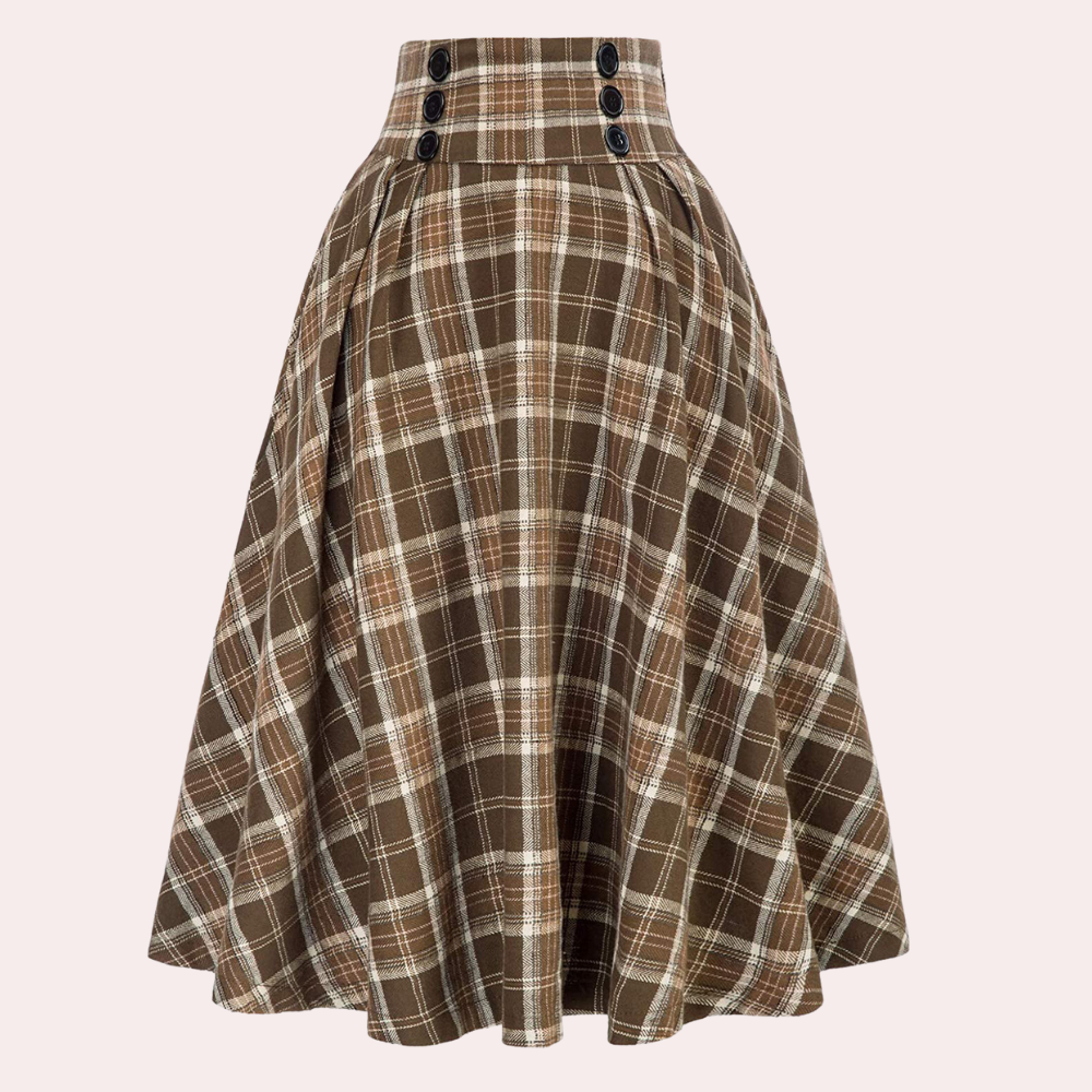 Elegante high-waist A-lijn damesrok met klassiek ruitpatroon, ideaal voor comfortabele herfst- en wintermode.