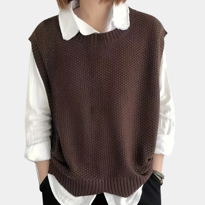Dames Hoymans gebreide mouwloze trui in beige, chic en comfortabel voor herfst fashion.