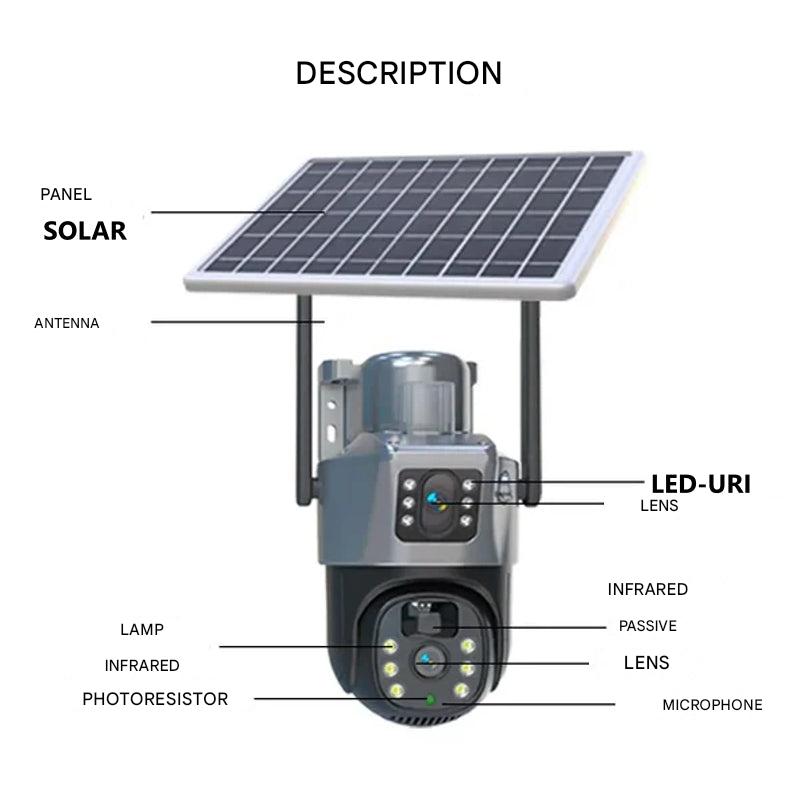 PTZ 4K beveiligingscamera met zonnepaneel, bewegingsdetectie en kleur nachtzicht voor buiten.