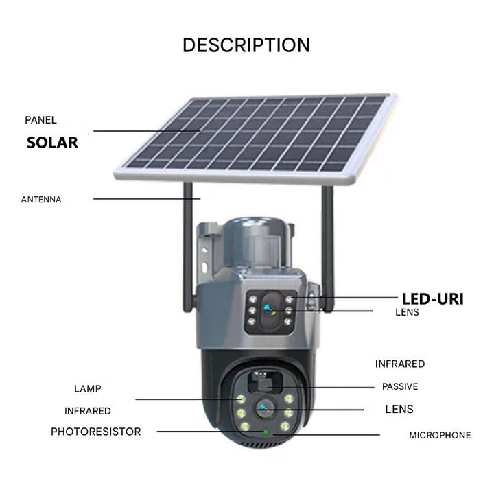PTZ 4K beveiligingscamera met zonnepaneel, bewegingsdetectie en kleur nachtzicht voor buiten.