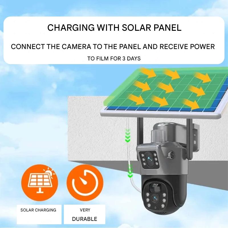 4K beveiligingscamera met zonnepaneel en geavanceerd nachtzicht voor optimale draadloze buitenbeveiliging.