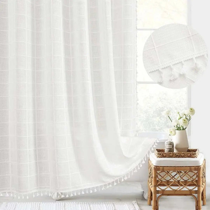 Stijlvol jacquard linnen douchegordijn in boho-stijl met kwastjes. Perfecte huisdecoratie voor je badkamer.