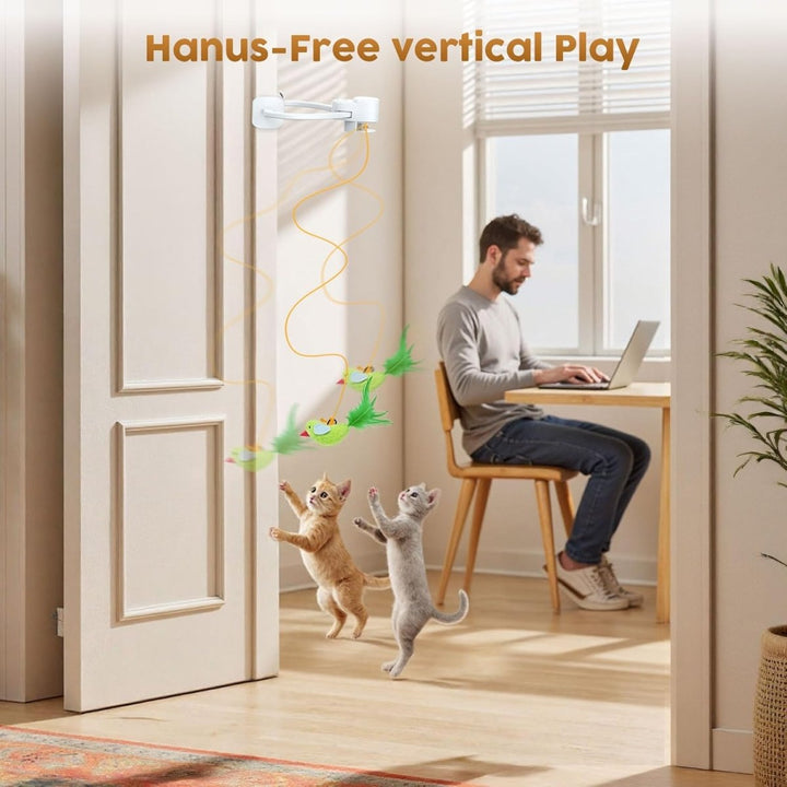 Een speelse kat klaar om op het interactieve vogel speelgoed te springen, voor urenlang huisdiervermaak.