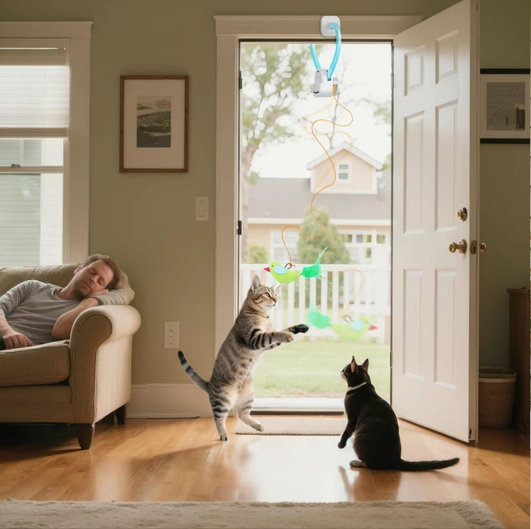 Kat jaagt speels op het interactieve vliegende vogel speelgoed, stimuleert jachtinstinct en activiteit.