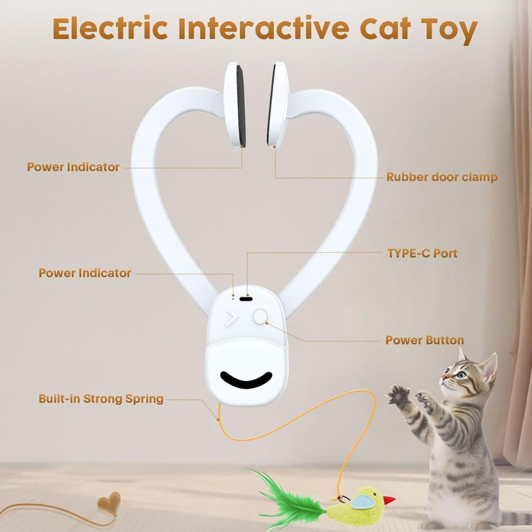 Een gelukkige kat vermaakt zich met het vliegende vogel speelgoed, essentieel kattenspeelgoed voor jachtinstinct.