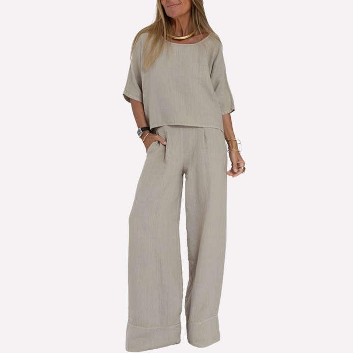 Dames relaxte fit tweedelige set voor zomer. Comfortabele casual kleding van ademend polyester spandex. Loungewear met wijde pijpen.