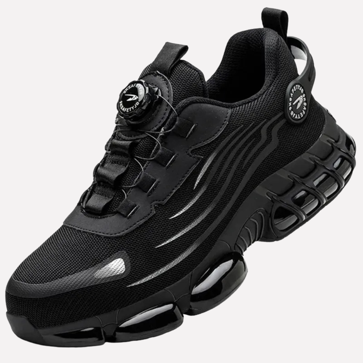 Unisex zwarte veiligheidsschoenen met stalen neus, antislipzool voor optimale bescherming en comfort op de werkvloer.