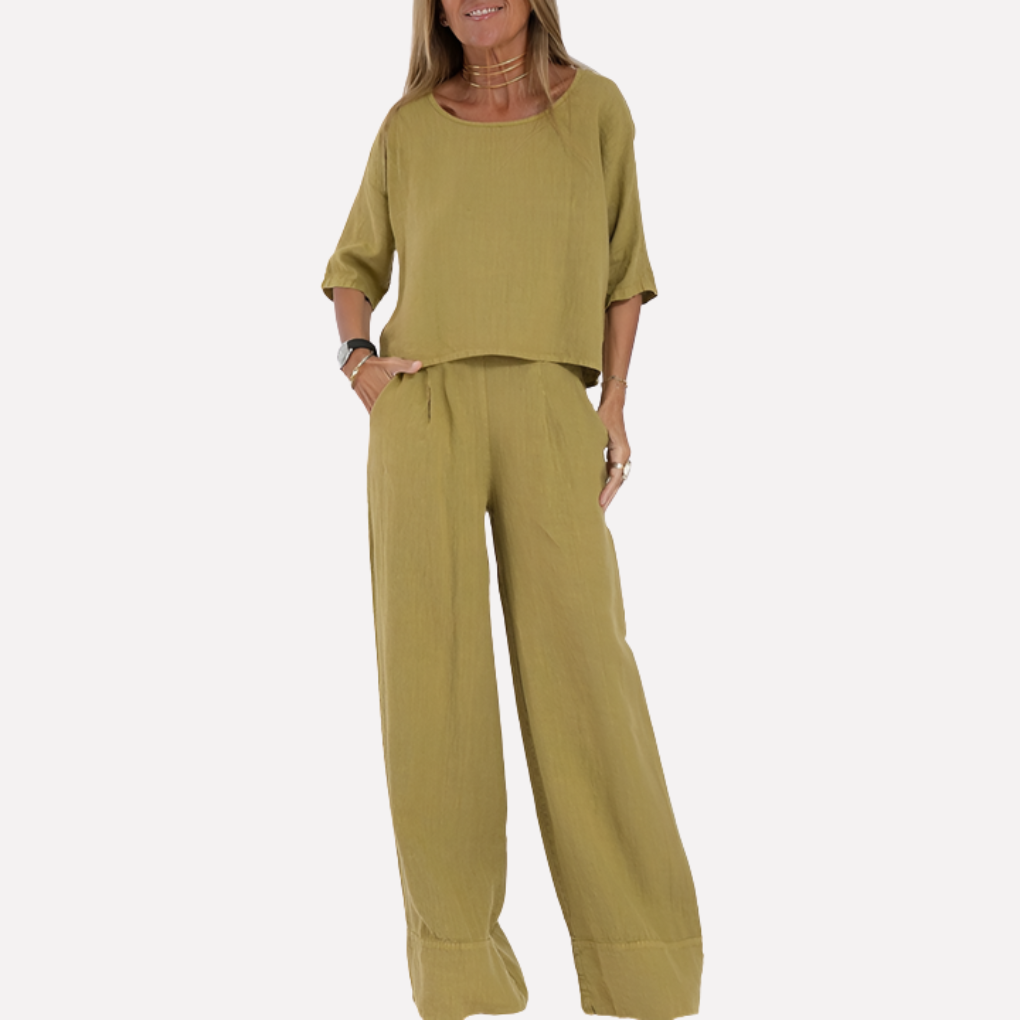 Dames tweedelige set, relaxte fit zomeroutfit. Damestop en wijde pijpen broek, comfortabel en ademend voor casual en loungewear.